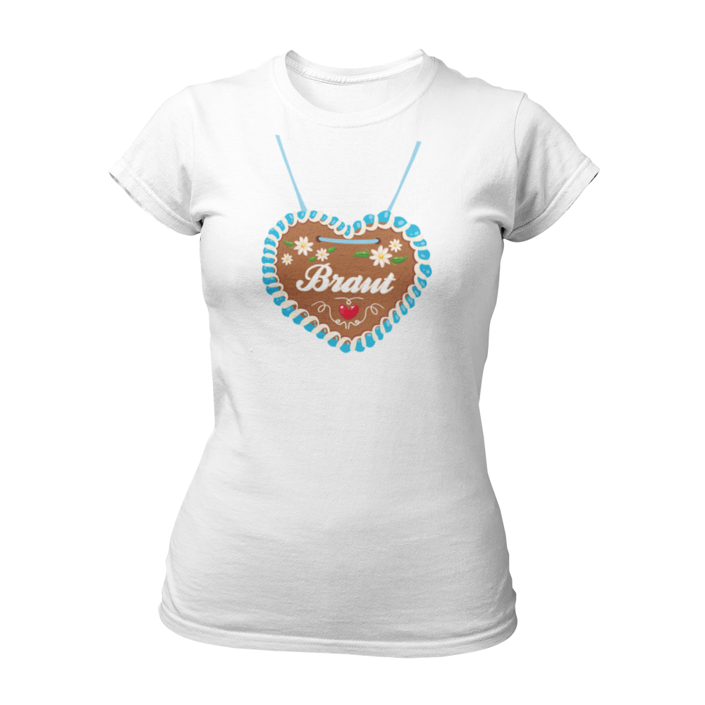 JGA T-Shirt "Lebkuchenherz (Braut)" für Damen, das durch ein auffälliges Design mit einem großen Lebkuchenherz-Aufdruck zum Blickfang auf Junggesellinnenabschieden wird. Das Shirt zeigt in verschnörkelten Buchstaben den Schriftzug "Braut" auf dem Herz. Erhältlich in verschiedenen Farben, bietet es eine taillierte Passform mit kurzen, anliegenden Ärmeln für angenehmen Tragekomfort. Perfekt für die gesamte Mädelsclique, die das "Lebkuchenherz Crew" Shirt trägt. Das Shirt lässt sich ideal mit verschiedenen Acc