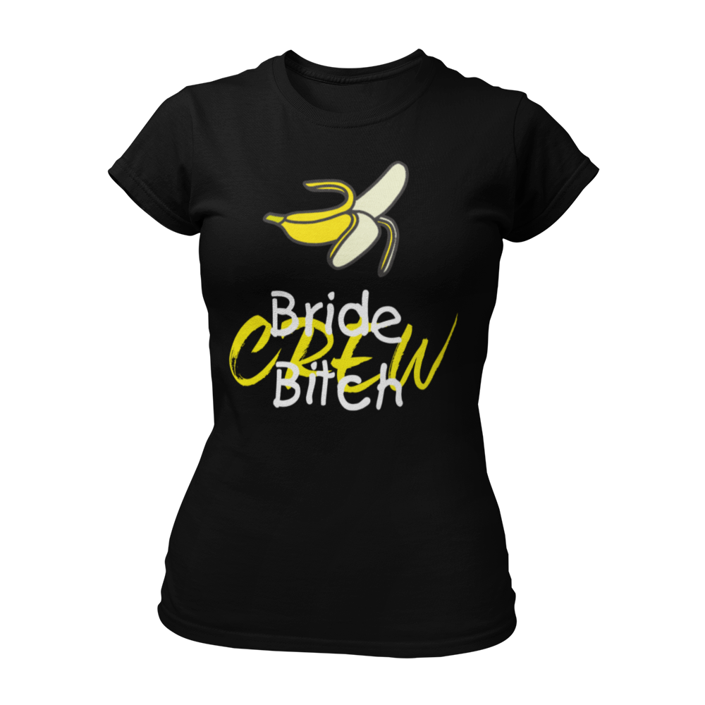 Damen T-Shirt mit dem frechen Aufdruck 'Bride Bitch Crew' und einem humorvollen Bananenmuster, perfekt für einen ausgelassenen Junggesellenabschied. Das taillierte Shirt verfügt über einen weiten Rundhalsausschnitt und kurze Ärmel, gefertigt aus hochwertigem Stoff für angenehmen Tragekomfort. Erhältlich in mehreren Farben, sorgt der knallige Druck für Aufmerksamkeit und fördert lustige Gespräche mit Passanten. Die passende Braut-Variante ist ebenfalls erhältlich.