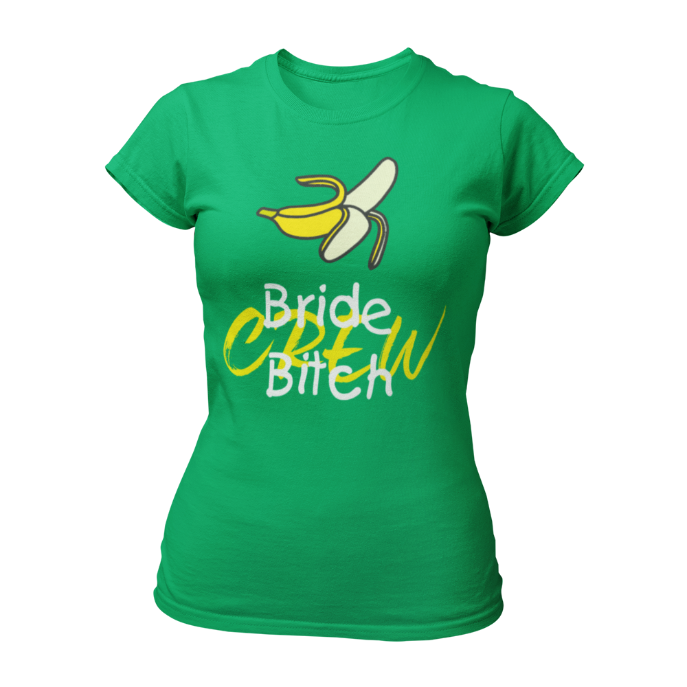 Damen T-Shirt mit dem frechen Aufdruck 'Bride Bitch Crew' und einem humorvollen Bananenmuster, perfekt für einen ausgelassenen Junggesellenabschied. Das taillierte Shirt verfügt über einen weiten Rundhalsausschnitt und kurze Ärmel, gefertigt aus hochwertigem Stoff für angenehmen Tragekomfort. Erhältlich in mehreren Farben, sorgt der knallige Druck für Aufmerksamkeit und fördert lustige Gespräche mit Passanten. Die passende Braut-Variante ist ebenfalls erhältlich.