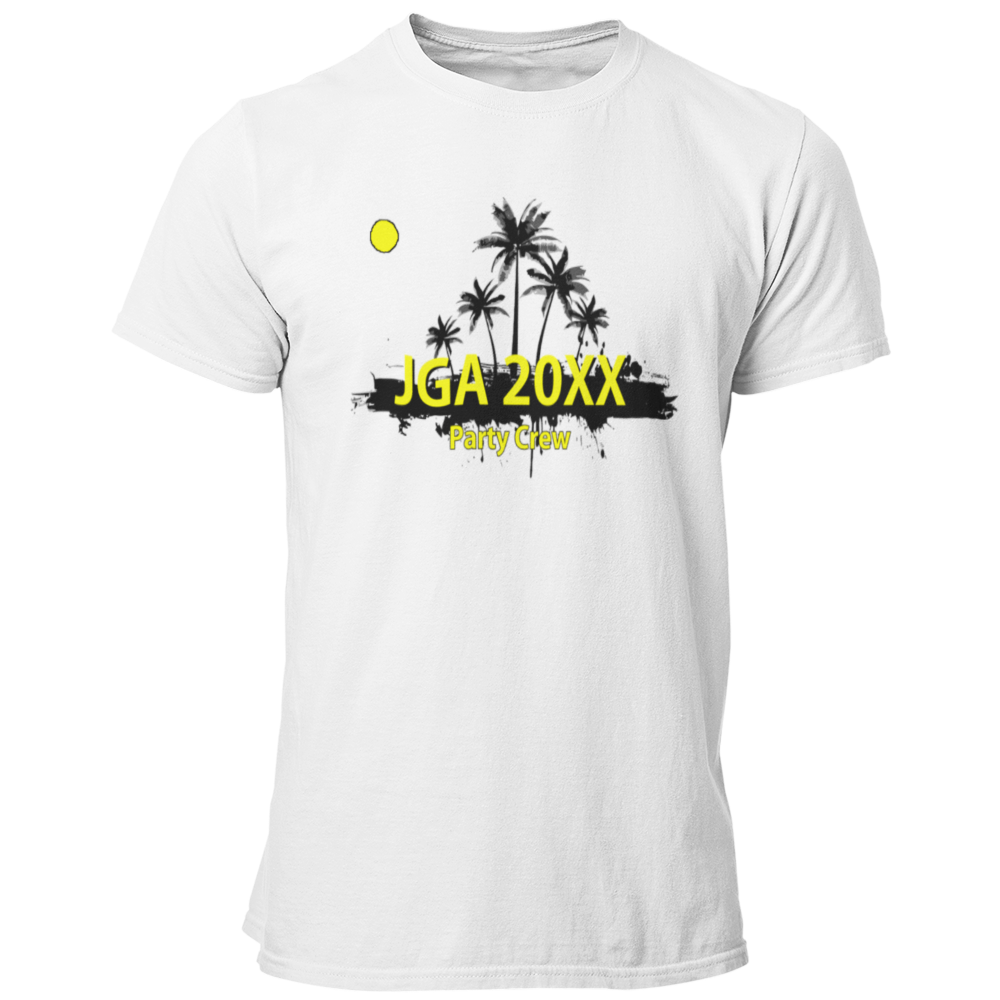 Das JGA T-Shirt "Palmen Party Crew" bringt Urlaubsfeeling und Partylaune in den Junggesellenabschied. Mit einem großflächigen Palmenmotiv und der individuellen Jahreszahl feiert ihr unbeschwert zusammen, bevor das Leben nach der Hochzeit ernst wird. Genießt den Abend im Kreise eurer Freunde und lasst es ordentlich krachen – ein Hoch auf den Junggesellen!