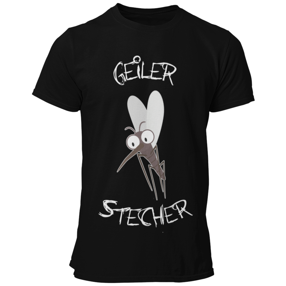 JGA T-Shirt mit dem witzigen Aufdruck 'Geiler Stecher', ideal für den Bräutigam. Das Shirt verfügt über ein humorvolles Mückenmotiv und ist in vielen Farbvarianten erhältlich. Perfekt, um den Junggesellen stilvoll und lustig zu feiern, ohne peinlich zu wirken.