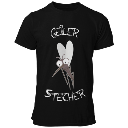 JGA T-Shirt mit dem witzigen Aufdruck 'Geiler Stecher', ideal für den Bräutigam. Das Shirt verfügt über ein humorvolles Mückenmotiv und ist in vielen Farbvarianten erhältlich. Perfekt, um den Junggesellen stilvoll und lustig zu feiern, ohne peinlich zu wirken.