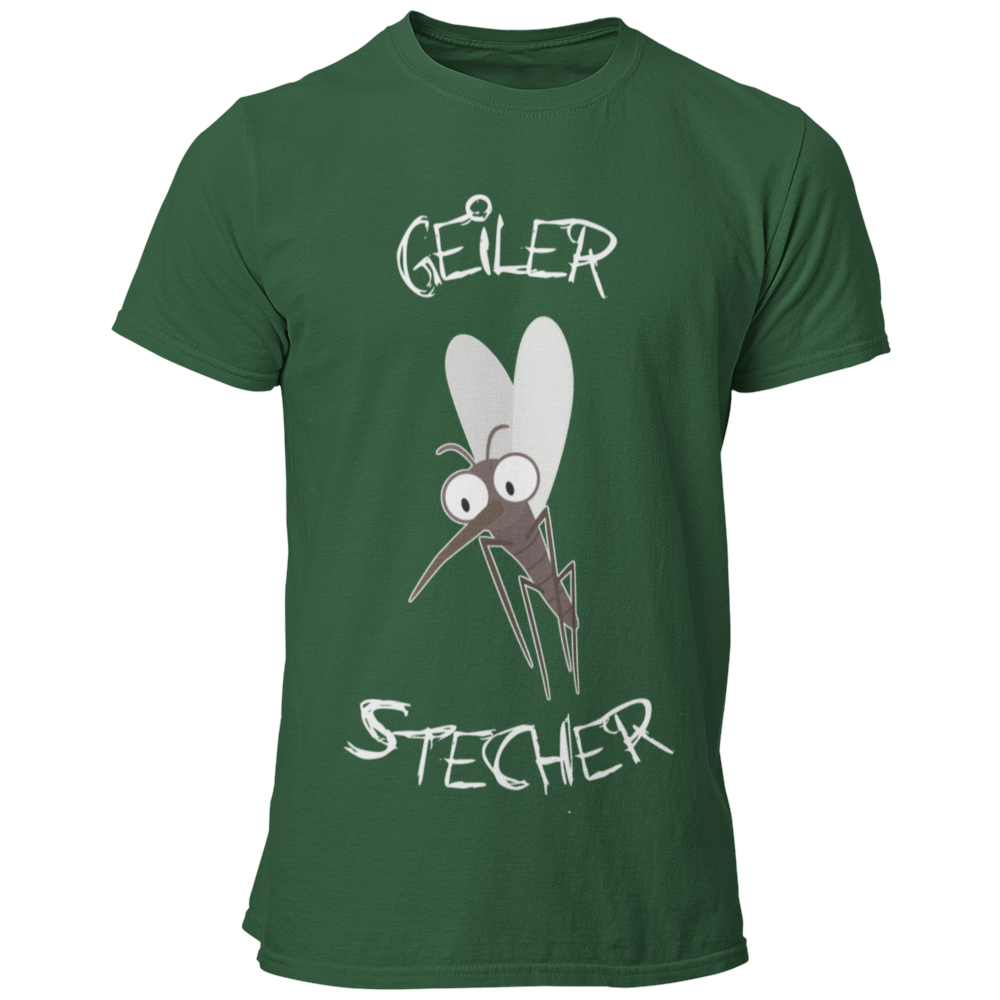 JGA T-Shirt mit dem witzigen Aufdruck 'Geiler Stecher', ideal für den Bräutigam. Das Shirt verfügt über ein humorvolles Mückenmotiv und ist in vielen Farbvarianten erhältlich. Perfekt, um den Junggesellen stilvoll und lustig zu feiern, ohne peinlich zu wirken.