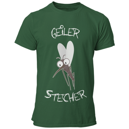 JGA T-Shirt mit dem witzigen Aufdruck 'Geiler Stecher', ideal für den Bräutigam. Das Shirt verfügt über ein humorvolles Mückenmotiv und ist in vielen Farbvarianten erhältlich. Perfekt, um den Junggesellen stilvoll und lustig zu feiern, ohne peinlich zu wirken.