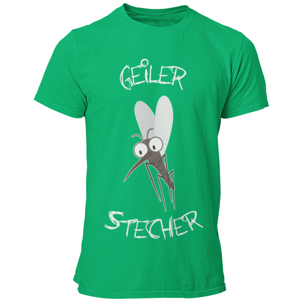 JGA T-Shirt mit dem witzigen Aufdruck 'Geiler Stecher', ideal für den Bräutigam. Das Shirt verfügt über ein humorvolles Mückenmotiv und ist in vielen Farbvarianten erhältlich. Perfekt, um den Junggesellen stilvoll und lustig zu feiern, ohne peinlich zu wirken.