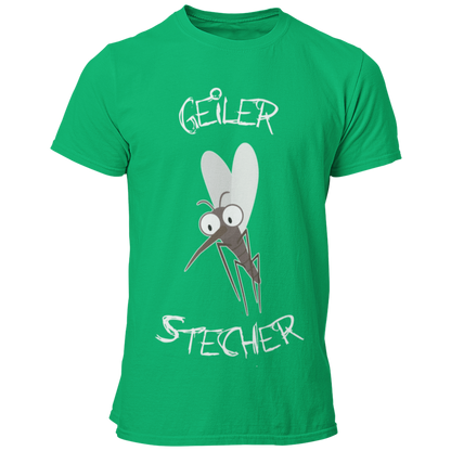 JGA T-Shirt mit dem witzigen Aufdruck 'Geiler Stecher', ideal für den Bräutigam. Das Shirt verfügt über ein humorvolles Mückenmotiv und ist in vielen Farbvarianten erhältlich. Perfekt, um den Junggesellen stilvoll und lustig zu feiern, ohne peinlich zu wirken.