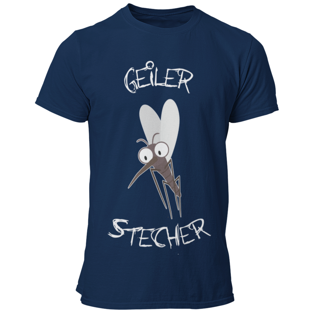 JGA T-Shirt mit dem witzigen Aufdruck 'Geiler Stecher', ideal für den Bräutigam. Das Shirt verfügt über ein humorvolles Mückenmotiv und ist in vielen Farbvarianten erhältlich. Perfekt, um den Junggesellen stilvoll und lustig zu feiern, ohne peinlich zu wirken.