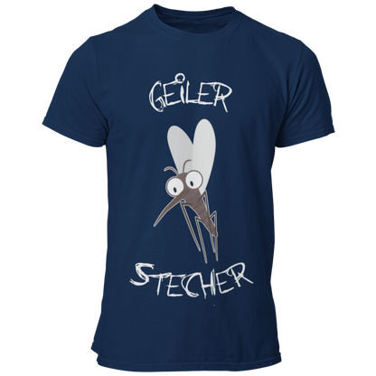 JGA T-Shirt mit dem witzigen Aufdruck 'Geiler Stecher', ideal für den Bräutigam. Das Shirt verfügt über ein humorvolles Mückenmotiv und ist in vielen Farbvarianten erhältlich. Perfekt, um den Junggesellen stilvoll und lustig zu feiern, ohne peinlich zu wirken.