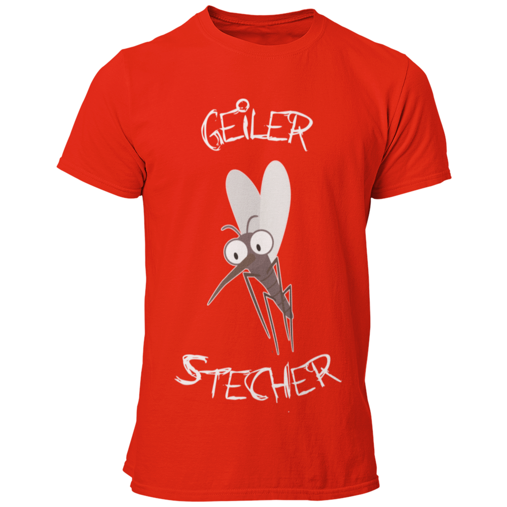 JGA T-Shirt mit dem witzigen Aufdruck 'Geiler Stecher', ideal für den Bräutigam. Das Shirt verfügt über ein humorvolles Mückenmotiv und ist in vielen Farbvarianten erhältlich. Perfekt, um den Junggesellen stilvoll und lustig zu feiern, ohne peinlich zu wirken.