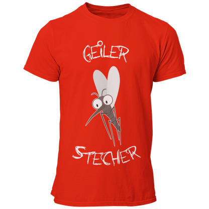 JGA T-Shirt mit dem witzigen Aufdruck 'Geiler Stecher', ideal für den Bräutigam. Das Shirt verfügt über ein humorvolles Mückenmotiv und ist in vielen Farbvarianten erhältlich. Perfekt, um den Junggesellen stilvoll und lustig zu feiern, ohne peinlich zu wirken.