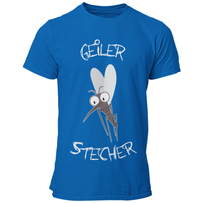 JGA T-Shirt mit dem witzigen Aufdruck 'Geiler Stecher', ideal für den Bräutigam. Das Shirt verfügt über ein humorvolles Mückenmotiv und ist in vielen Farbvarianten erhältlich. Perfekt, um den Junggesellen stilvoll und lustig zu feiern, ohne peinlich zu wirken.