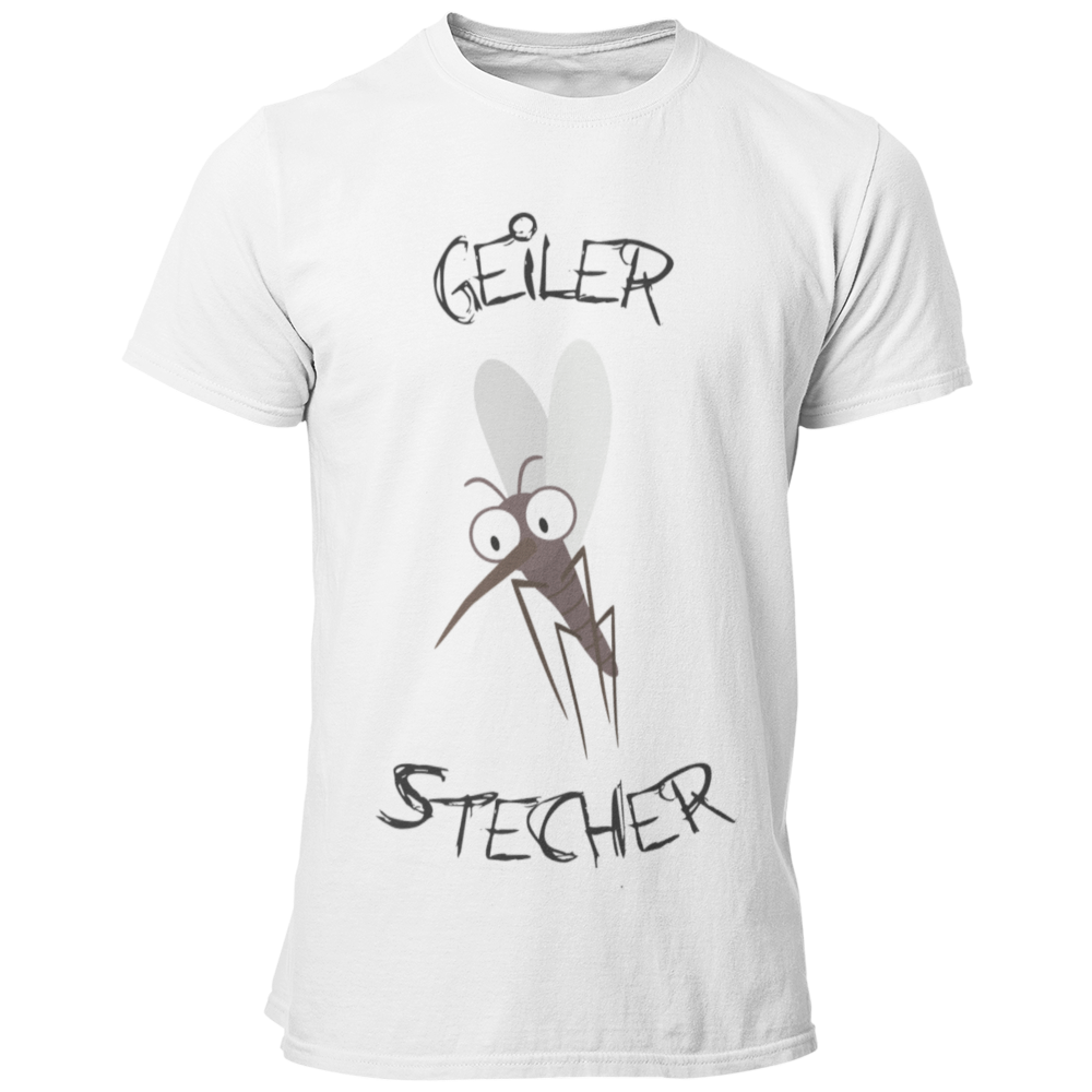 JGA T-Shirt mit dem witzigen Aufdruck 'Geiler Stecher', ideal für den Bräutigam. Das Shirt verfügt über ein humorvolles Mückenmotiv und ist in vielen Farbvarianten erhältlich. Perfekt, um den Junggesellen stilvoll und lustig zu feiern, ohne peinlich zu wirken.