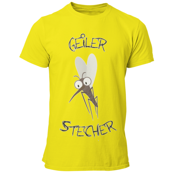 JGA T-Shirt mit dem witzigen Aufdruck 'Geiler Stecher', ideal für den Bräutigam. Das Shirt verfügt über ein humorvolles Mückenmotiv und ist in vielen Farbvarianten erhältlich. Perfekt, um den Junggesellen stilvoll und lustig zu feiern, ohne peinlich zu wirken.