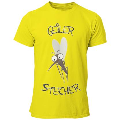 JGA T-Shirt mit dem witzigen Aufdruck 'Geiler Stecher', ideal für den Bräutigam. Das Shirt verfügt über ein humorvolles Mückenmotiv und ist in vielen Farbvarianten erhältlich. Perfekt, um den Junggesellen stilvoll und lustig zu feiern, ohne peinlich zu wirken.