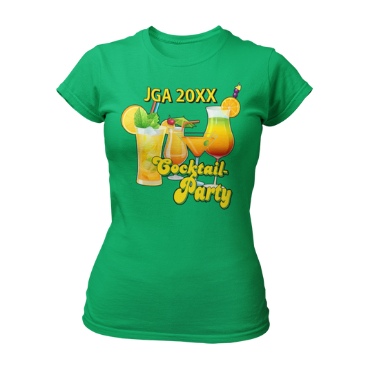 JGA T-Shirt 'Cocktail Party' für Frauen, ideal für einen stilvollen Junggesellinnenabschied. Mit automatisch eingesetzter Jahreszahl, tailliert geschnitten und in bunten Farben erhältlich. Perfekt kombinierbar mit passenden Accessoires