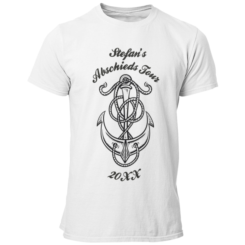 Das JGA T-Shirt "Abschieds Tour" ist ein individuelles und maritimes Shirt, das speziell für den Bräutigam gestaltet wird. Euer Junggeselle erhält ein einzigartiges Shirt mit seinem Namen, der stilvoll in das Design integriert ist. Das Anker-Motiv symbolisiert die Fahrt in den Hafen der Ehe und macht es zum perfekten Begleiter für die Feier.