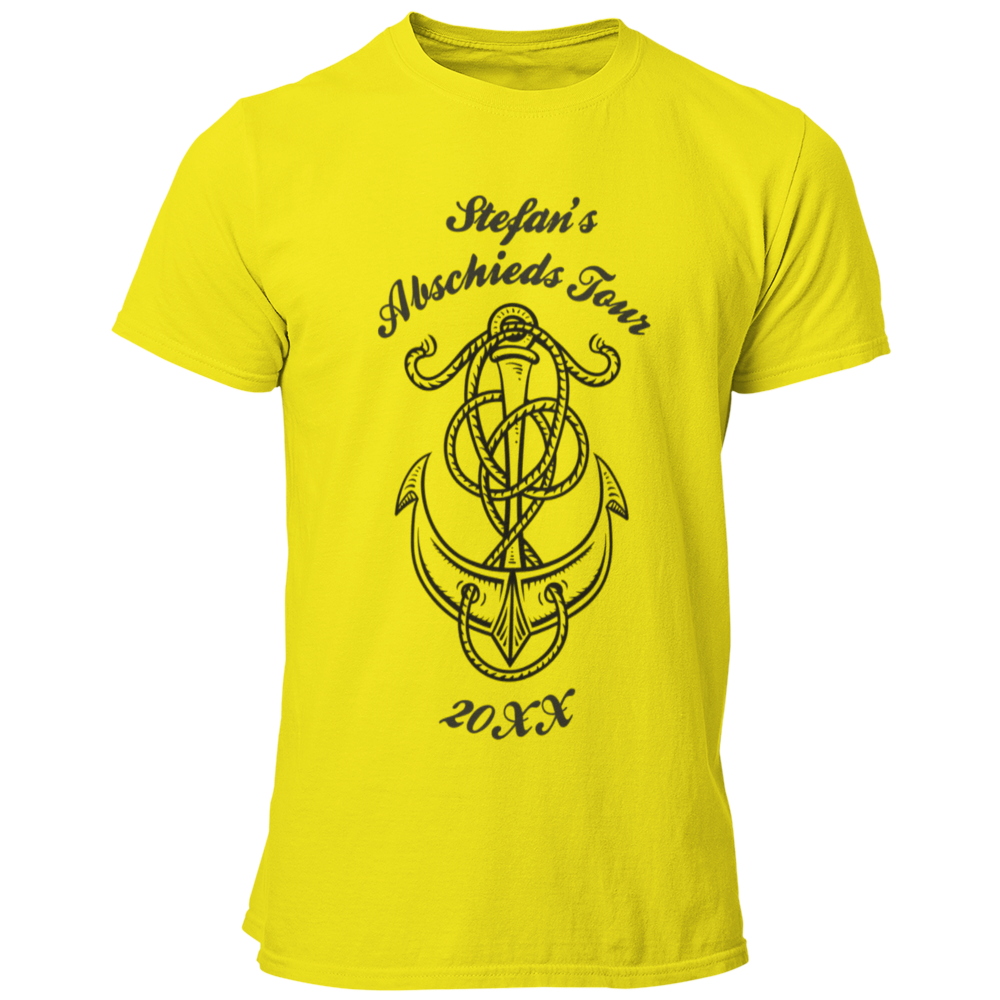 Das JGA T-Shirt "Abschieds Tour" ist ein individuelles und maritimes Shirt, das speziell für den Bräutigam gestaltet wird. Euer Junggeselle erhält ein einzigartiges Shirt mit seinem Namen, der stilvoll in das Design integriert ist. Das Anker-Motiv symbolisiert die Fahrt in den Hafen der Ehe und macht es zum perfekten Begleiter für die Feier.