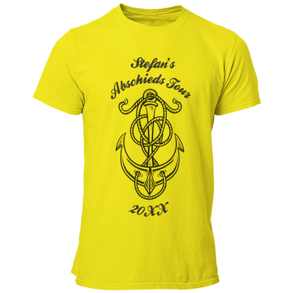 Das JGA T-Shirt "Abschieds Tour" ist ein individuelles und maritimes Shirt, das speziell für den Bräutigam gestaltet wird. Euer Junggeselle erhält ein einzigartiges Shirt mit seinem Namen, der stilvoll in das Design integriert ist. Das Anker-Motiv symbolisiert die Fahrt in den Hafen der Ehe und macht es zum perfekten Begleiter für die Feier.