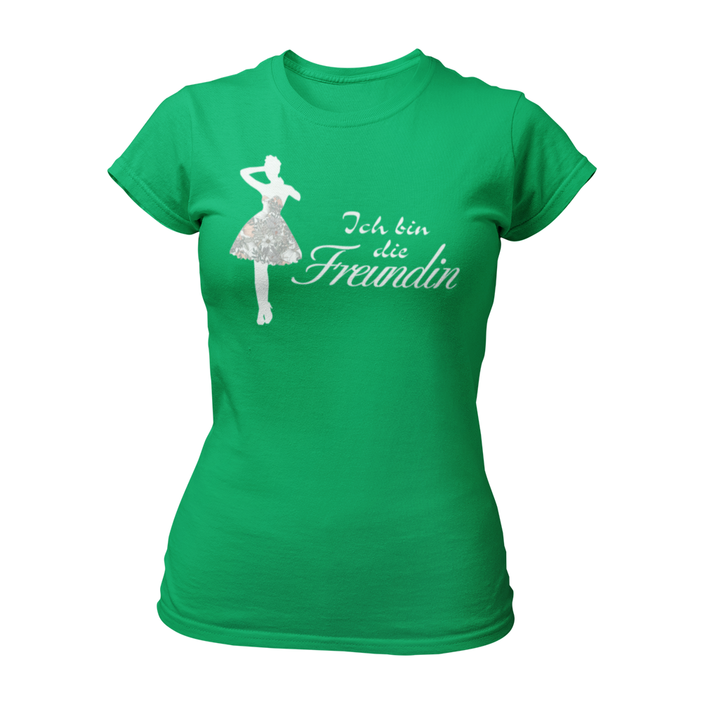 Damen T-Shirt "Ich bin die Freundin" mit stolzer Aufschrift, ideal für die beste Freundin der Braut beim Junggesellinnenabschied. Das Shirt betont die besondere Verbindung und lässt sich perfekt mit den T-Shirts „Ich bin die Braut“ oder „Ich bin die Trauzeugin“ kombinieren, um ein einheitliches Look für die Feier zu schaffen.