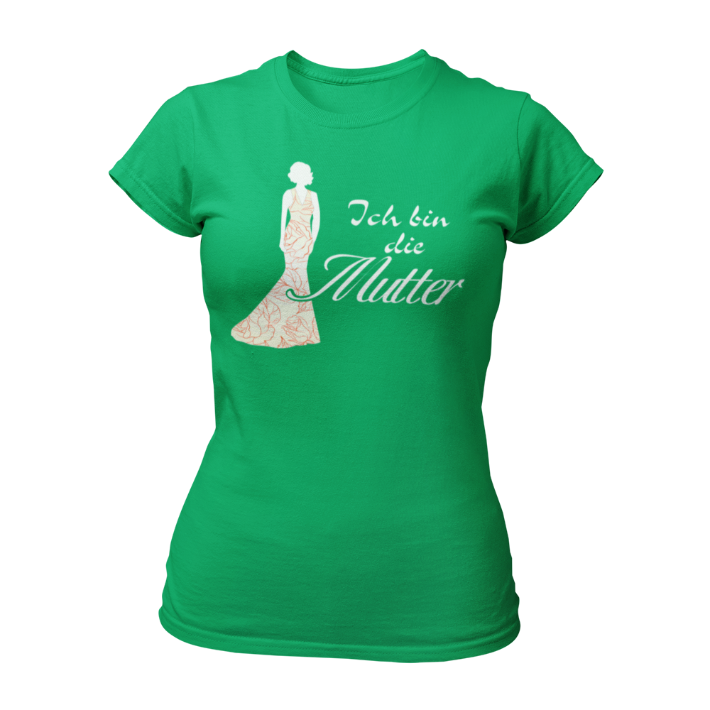 JGA T-Shirt 'Ich bin die Mutter' für die Mutter der Braut. Perfekt für den Junggesellenabschied, um ihre besondere Rolle zu feiern. Ideal in Kombination mit elegantem Abendkleid, um den Dresscode der Hochzeit anzudeuten.