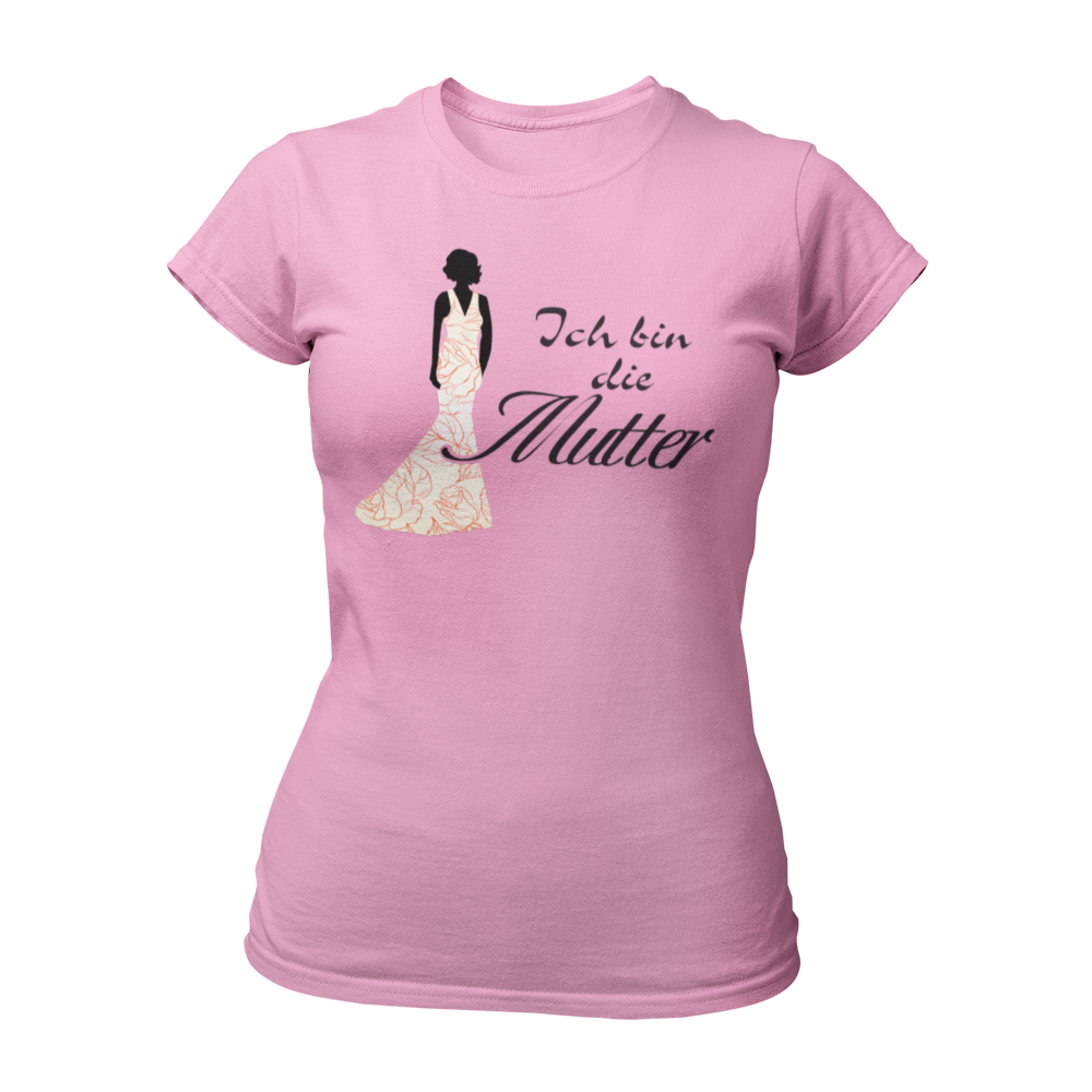 JGA T-Shirt 'Ich bin die Mutter' für die Mutter der Braut. Perfekt für den Junggesellenabschied, um ihre besondere Rolle zu feiern. Ideal in Kombination mit elegantem Abendkleid, um den Dresscode der Hochzeit anzudeuten.