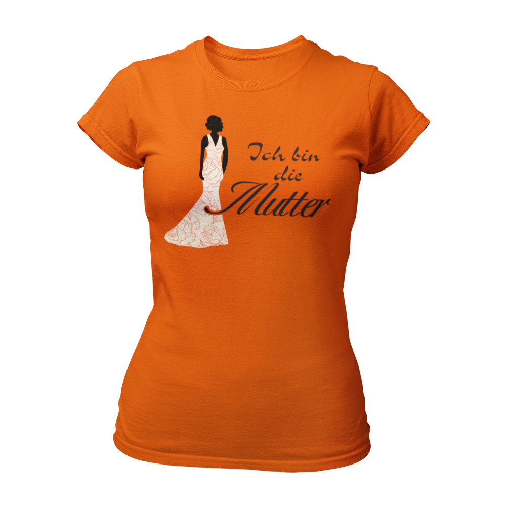 JGA T-Shirt 'Ich bin die Mutter' für die Mutter der Braut. Perfekt für den Junggesellenabschied, um ihre besondere Rolle zu feiern. Ideal in Kombination mit elegantem Abendkleid, um den Dresscode der Hochzeit anzudeuten.