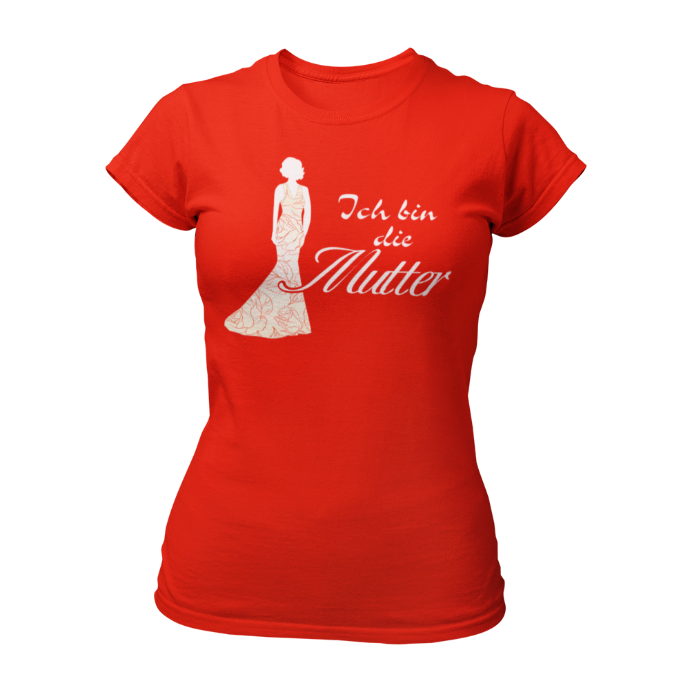 JGA T-Shirt 'Ich bin die Mutter' für die Mutter der Braut. Perfekt für den Junggesellenabschied, um ihre besondere Rolle zu feiern. Ideal in Kombination mit elegantem Abendkleid, um den Dresscode der Hochzeit anzudeuten.