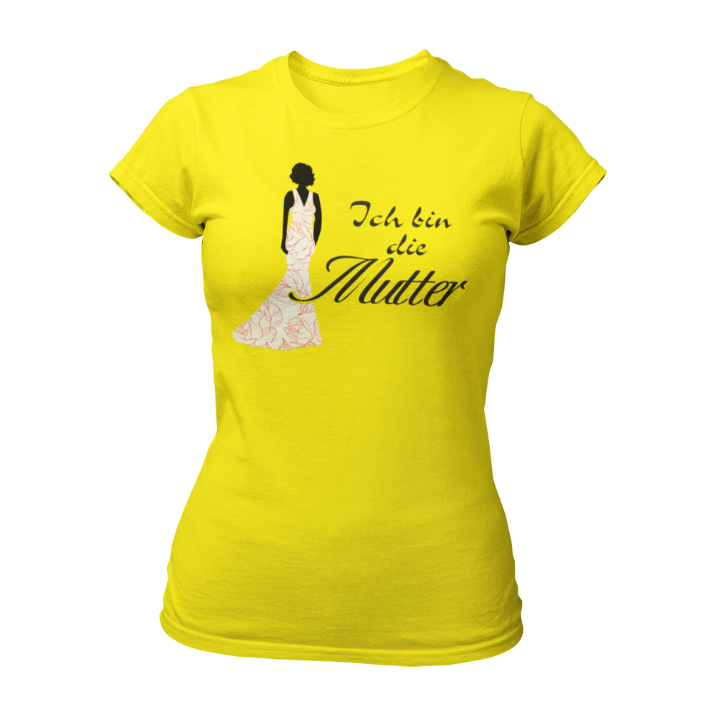 JGA T-Shirt 'Ich bin die Mutter' für die Mutter der Braut. Perfekt für den Junggesellenabschied, um ihre besondere Rolle zu feiern. Ideal in Kombination mit elegantem Abendkleid, um den Dresscode der Hochzeit anzudeuten.