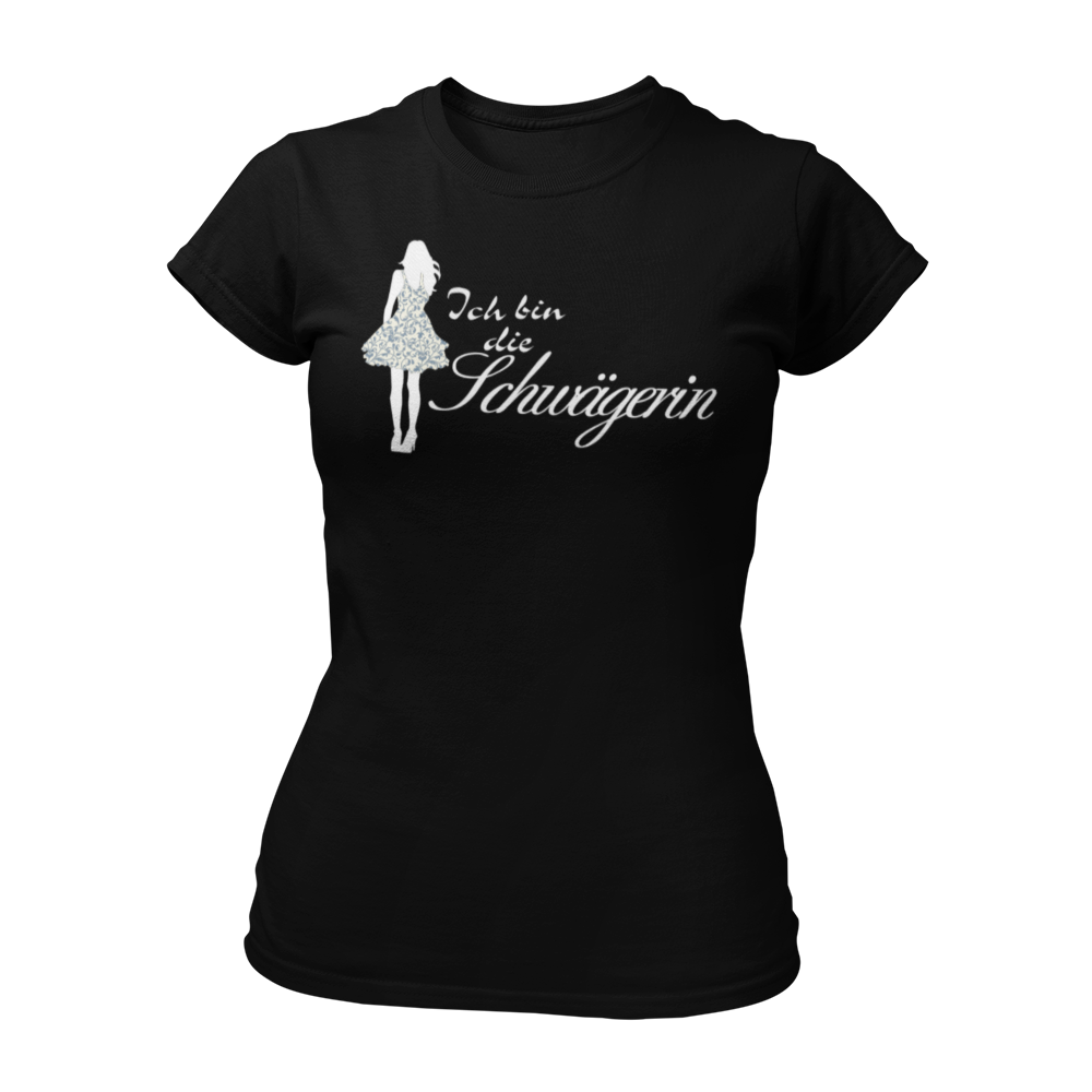 Damen T-Shirt mit der Aufschrift 'Ich bin die Schwägerin', im femininen Schnitt und hochwertiger Direktdruck-Veredelung. Teil der 'Wer bin ich?' Shirt-Serie, die auch die Designs 'Ich bin die Braut', 'Ich bin die Trauzeugin' und 'Ich bin die Tante' umfasst. Ideal für Junggesellinnenabschiede, um die Zugehörigkeit zur Hochzeitsgesellschaft zu zeigen."