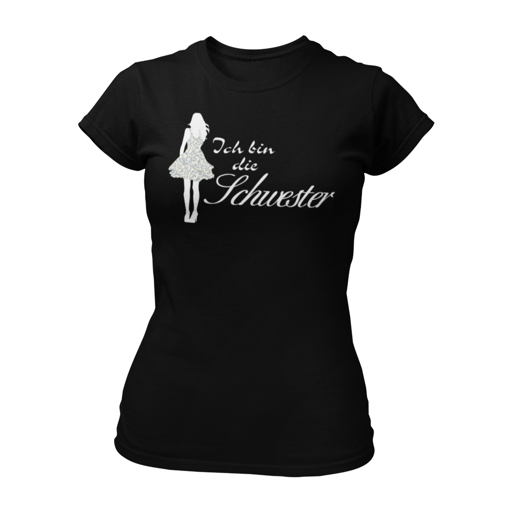 Damen T-Shirt mit der Aufschrift 'Ich bin die Schwester' in eleganter Schreibschrift, begleitet von einer stilisierten Frau im Partydress. Teil der Shirt-Designreihe 'Wer bist Du?', die Fragen zur Identität direkt klärt. Ideal für Junggesellinnenabschiede, um Spaß mit Passanten zu haben und das Eis zu brechen. Dieses Shirt fördert Gespräche und eignet sich hervorragend, um den Abend unbeschwert zu genießen und Einnahmen zu generieren.