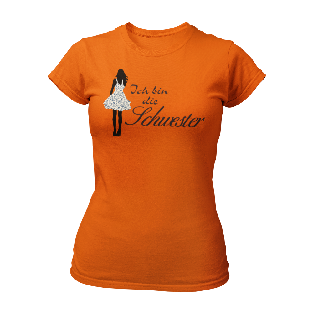 Damen T-Shirt mit der Aufschrift 'Ich bin die Schwester' in eleganter Schreibschrift, begleitet von einer stilisierten Frau im Partydress. Teil der Shirt-Designreihe 'Wer bist Du?', die Fragen zur Identität direkt klärt. Ideal für Junggesellinnenabschiede, um Spaß mit Passanten zu haben und das Eis zu brechen. Dieses Shirt fördert Gespräche und eignet sich hervorragend, um den Abend unbeschwert zu genießen und Einnahmen zu generieren.