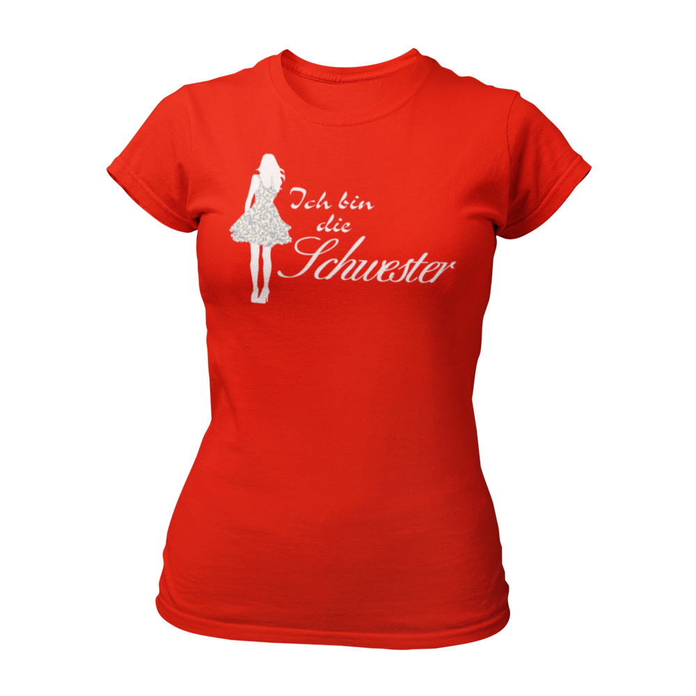 Damen T-Shirt mit der Aufschrift 'Ich bin die Schwester' in eleganter Schreibschrift, begleitet von einer stilisierten Frau im Partydress. Teil der Shirt-Designreihe 'Wer bist Du?', die Fragen zur Identität direkt klärt. Ideal für Junggesellinnenabschiede, um Spaß mit Passanten zu haben und das Eis zu brechen. Dieses Shirt fördert Gespräche und eignet sich hervorragend, um den Abend unbeschwert zu genießen und Einnahmen zu generieren.