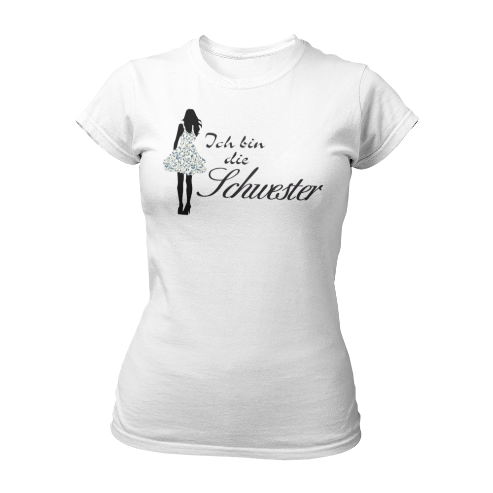 Damen T-Shirt mit der Aufschrift 'Ich bin die Schwester' in eleganter Schreibschrift, begleitet von einer stilisierten Frau im Partydress. Teil der Shirt-Designreihe 'Wer bist Du?', die Fragen zur Identität direkt klärt. Ideal für Junggesellinnenabschiede, um Spaß mit Passanten zu haben und das Eis zu brechen. Dieses Shirt fördert Gespräche und eignet sich hervorragend, um den Abend unbeschwert zu genießen und Einnahmen zu generieren.