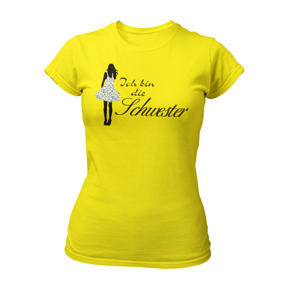 Damen T-Shirt mit der Aufschrift 'Ich bin die Schwester' in eleganter Schreibschrift, begleitet von einer stilisierten Frau im Partydress. Teil der Shirt-Designreihe 'Wer bist Du?', die Fragen zur Identität direkt klärt. Ideal für Junggesellinnenabschiede, um Spaß mit Passanten zu haben und das Eis zu brechen. Dieses Shirt fördert Gespräche und eignet sich hervorragend, um den Abend unbeschwert zu genießen und Einnahmen zu generieren.