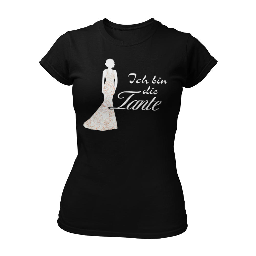 Damen T-Shirt mit der Aufschrift 'Ich bin die Tante' aus der Druckideen-Reihe 'Wer bin ich?'. Das Shirt zeigt eine stilisierte Tante in einem langen, eleganten Abendkleid und gibt einen ersten Eindruck von ihrem Hochzeitsoutfit. Teil einer Reihe, die auch die Designs 'Ich bin die Braut', 'Ich bin die Trauzeugin' und 'Ich bin die Schwester' umfasst. Dieses Shirt fördert das Kennenlernen und sorgt für Spaß beim Junggesellenabschied, während es Gespräche anregt