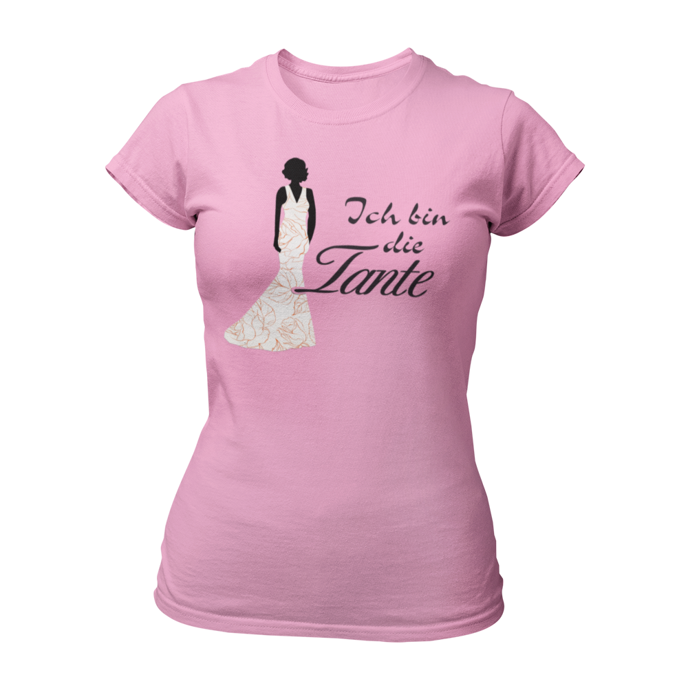 Damen T-Shirt mit der Aufschrift 'Ich bin die Tante' aus der Druckideen-Reihe 'Wer bin ich?'. Das Shirt zeigt eine stilisierte Tante in einem langen, eleganten Abendkleid und gibt einen ersten Eindruck von ihrem Hochzeitsoutfit. Teil einer Reihe, die auch die Designs 'Ich bin die Braut', 'Ich bin die Trauzeugin' und 'Ich bin die Schwester' umfasst. Dieses Shirt fördert das Kennenlernen und sorgt für Spaß beim Junggesellenabschied, während es Gespräche anregt