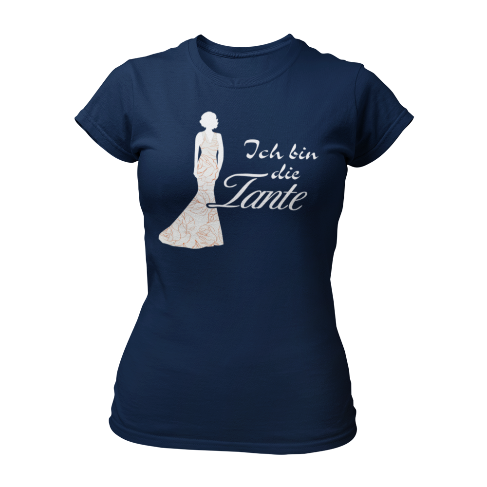 Damen T-Shirt mit der Aufschrift 'Ich bin die Tante' aus der Druckideen-Reihe 'Wer bin ich?'. Das Shirt zeigt eine stilisierte Tante in einem langen, eleganten Abendkleid und gibt einen ersten Eindruck von ihrem Hochzeitsoutfit. Teil einer Reihe, die auch die Designs 'Ich bin die Braut', 'Ich bin die Trauzeugin' und 'Ich bin die Schwester' umfasst. Dieses Shirt fördert das Kennenlernen und sorgt für Spaß beim Junggesellenabschied, während es Gespräche anregt