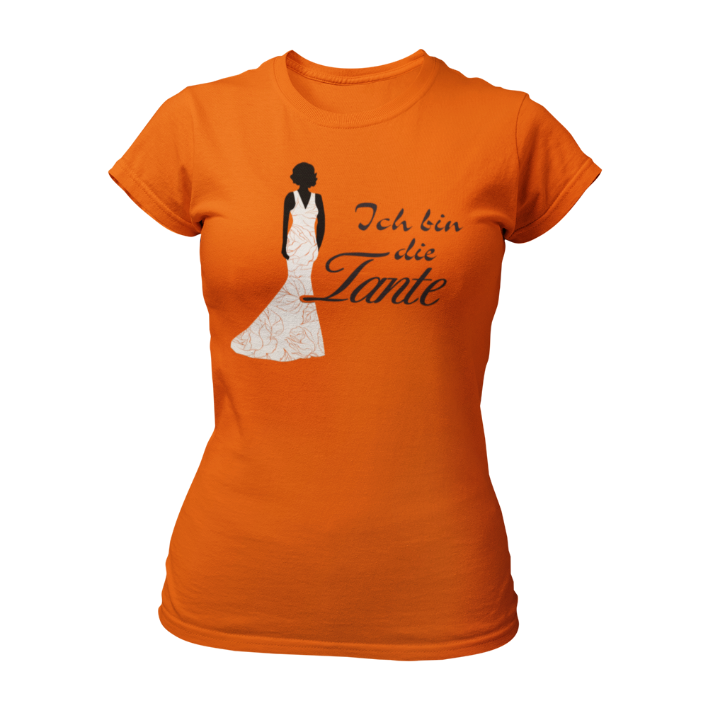 Damen T-Shirt mit der Aufschrift 'Ich bin die Tante' aus der Druckideen-Reihe 'Wer bin ich?'. Das Shirt zeigt eine stilisierte Tante in einem langen, eleganten Abendkleid und gibt einen ersten Eindruck von ihrem Hochzeitsoutfit. Teil einer Reihe, die auch die Designs 'Ich bin die Braut', 'Ich bin die Trauzeugin' und 'Ich bin die Schwester' umfasst. Dieses Shirt fördert das Kennenlernen und sorgt für Spaß beim Junggesellenabschied, während es Gespräche anregt