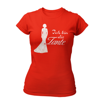 Damen T-Shirt mit der Aufschrift 'Ich bin die Tante' aus der Druckideen-Reihe 'Wer bin ich?'. Das Shirt zeigt eine stilisierte Tante in einem langen, eleganten Abendkleid und gibt einen ersten Eindruck von ihrem Hochzeitsoutfit. Teil einer Reihe, die auch die Designs 'Ich bin die Braut', 'Ich bin die Trauzeugin' und 'Ich bin die Schwester' umfasst. Dieses Shirt fördert das Kennenlernen und sorgt für Spaß beim Junggesellenabschied, während es Gespräche anregt