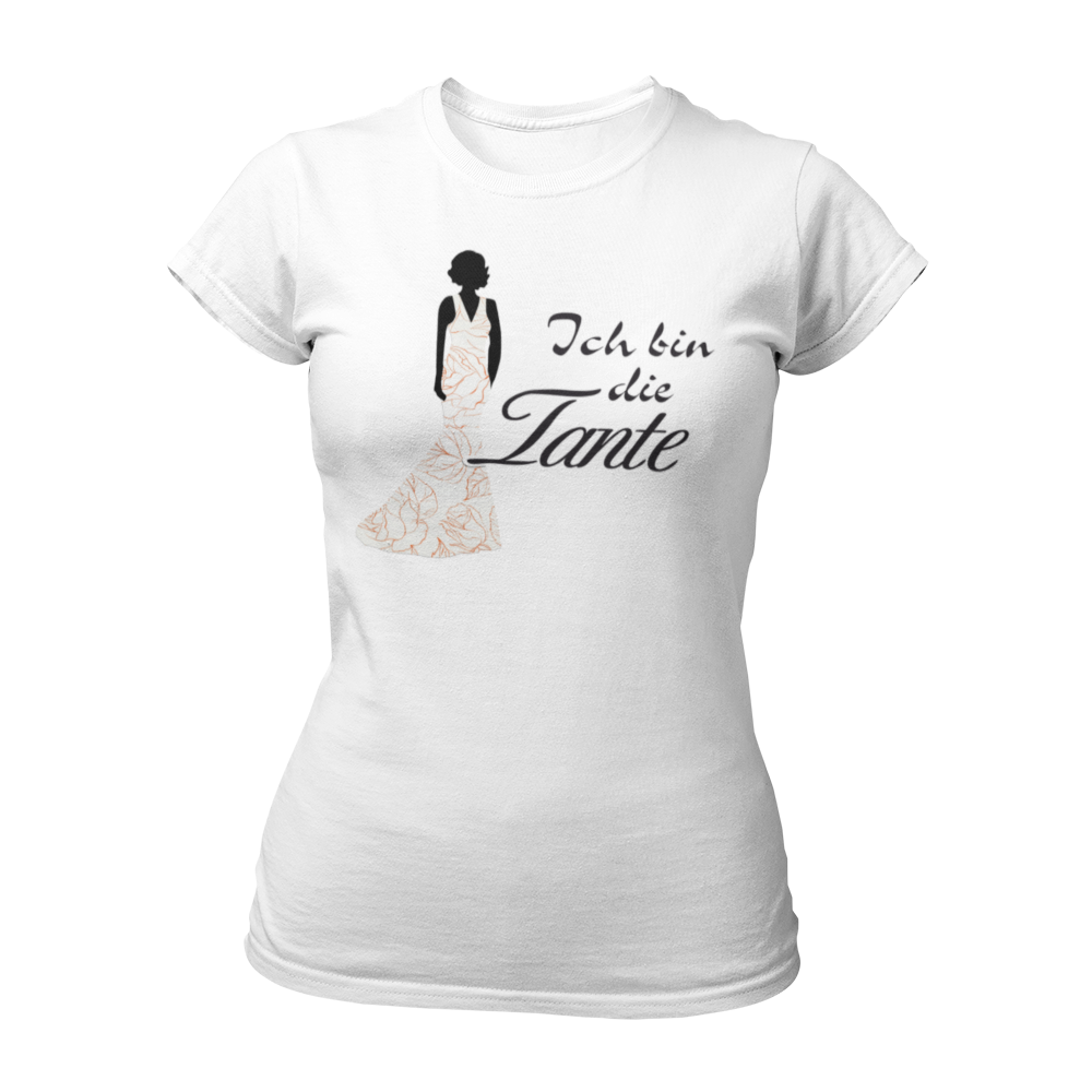 Damen T-Shirt mit der Aufschrift 'Ich bin die Tante' aus der Druckideen-Reihe 'Wer bin ich?'. Das Shirt zeigt eine stilisierte Tante in einem langen, eleganten Abendkleid und gibt einen ersten Eindruck von ihrem Hochzeitsoutfit. Teil einer Reihe, die auch die Designs 'Ich bin die Braut', 'Ich bin die Trauzeugin' und 'Ich bin die Schwester' umfasst. Dieses Shirt fördert das Kennenlernen und sorgt für Spaß beim Junggesellenabschied, während es Gespräche anregt