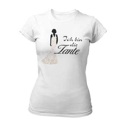 Damen T-Shirt mit der Aufschrift 'Ich bin die Tante' aus der Druckideen-Reihe 'Wer bin ich?'. Das Shirt zeigt eine stilisierte Tante in einem langen, eleganten Abendkleid und gibt einen ersten Eindruck von ihrem Hochzeitsoutfit. Teil einer Reihe, die auch die Designs 'Ich bin die Braut', 'Ich bin die Trauzeugin' und 'Ich bin die Schwester' umfasst. Dieses Shirt fördert das Kennenlernen und sorgt für Spaß beim Junggesellenabschied, während es Gespräche anregt