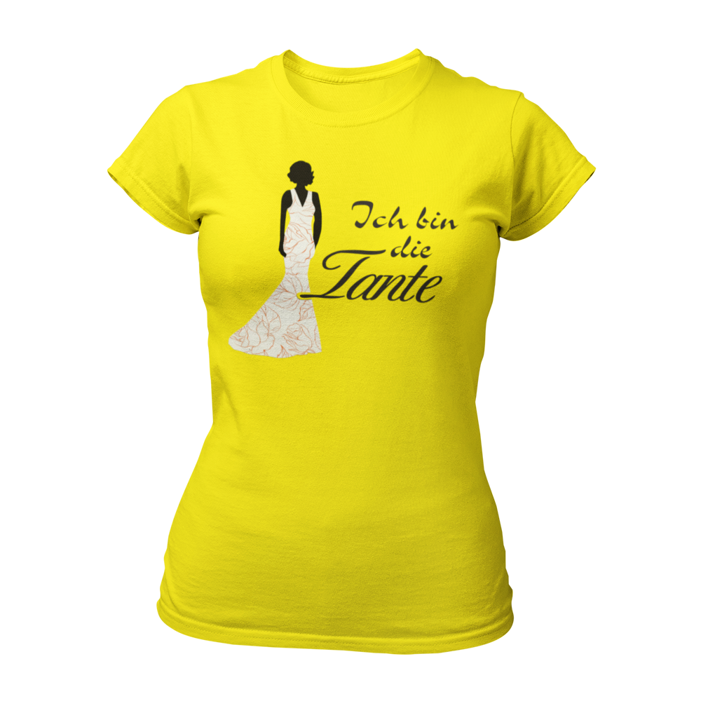 Damen T-Shirt mit der Aufschrift 'Ich bin die Tante' aus der Druckideen-Reihe 'Wer bin ich?'. Das Shirt zeigt eine stilisierte Tante in einem langen, eleganten Abendkleid und gibt einen ersten Eindruck von ihrem Hochzeitsoutfit. Teil einer Reihe, die auch die Designs 'Ich bin die Braut', 'Ich bin die Trauzeugin' und 'Ich bin die Schwester' umfasst. Dieses Shirt fördert das Kennenlernen und sorgt für Spaß beim Junggesellenabschied, während es Gespräche anregt