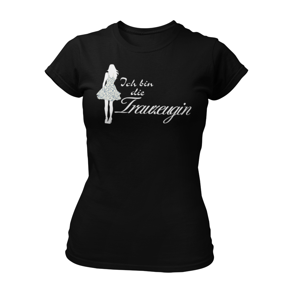 Damen T-Shirt "Ich bin die Trauzeugin" mit einem Druck einer Frau im Partykleid und geschwungenem Text. Perfekt für den Junggesellinnenabschied, um die Rollen der Teilnehmerinnen schnell zu erkennen.