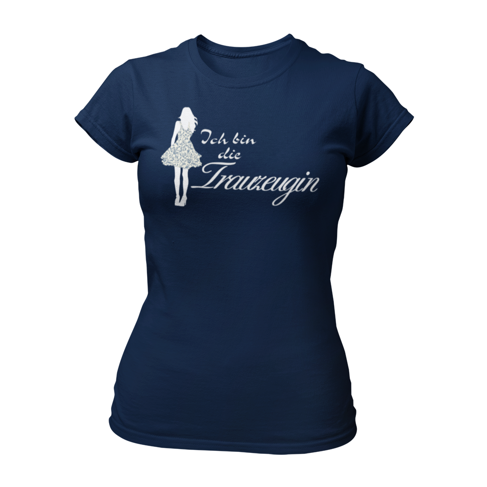 Damen T-Shirt "Ich bin die Trauzeugin" mit einem Druck einer Frau im Partykleid und geschwungenem Text. Perfekt für den Junggesellinnenabschied, um die Rollen der Teilnehmerinnen schnell zu erkennen.