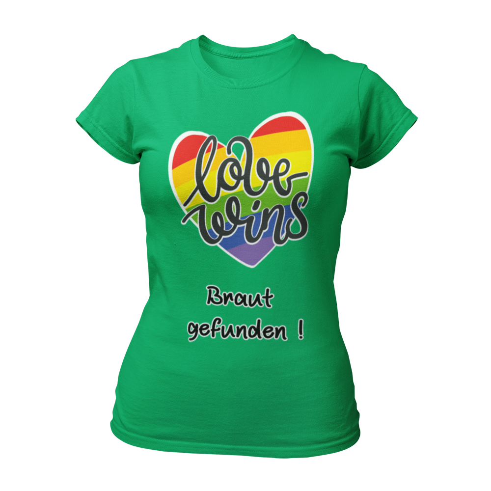 JGA T-Shirt "Love wins! Braut gefunden" für lesbische Paare, in Regenbogenfarben mit dem Schriftzug "love wins" und dem Zusatz "Braut gefunden". Das Shirt hebt die besondere Rolle der angehenden Braut hervor und sorgt mit seinem humorvollen Design und knalligen Farben für gute Laune. Erhältlich in verschiedenen Farben, bietet es eine gute Passform und Waschbeständigkeit zu einem günstigen Preis.