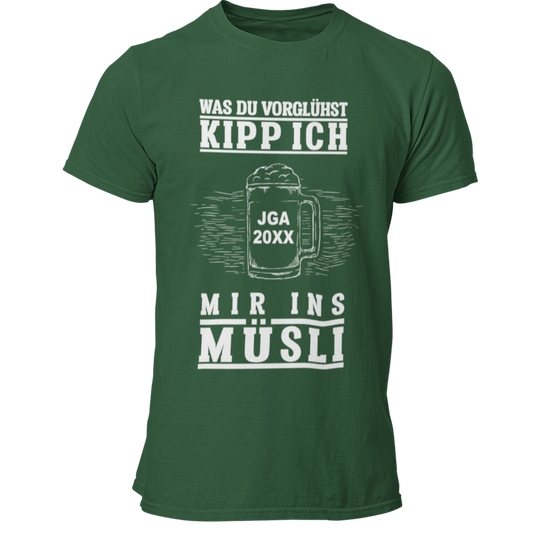 Das JGA T-Shirt „JGA Müsli“ kombiniert Humor mit Individualität, indem es die Jahreszahl des Junggesellenabschieds personalisierbar ist. Der witzige Spruch „Was Du vorglühst, kipp ich mir ins Müsli“ sorgt für Lacher und bringt den Feiergeist zum Ausdruck. Mit hochwertigem Digitaldruck bietet es ein tolles Preis-Leistungs-Verhältnis und ist das perfekte Andenken für eine unvergessliche Feier!