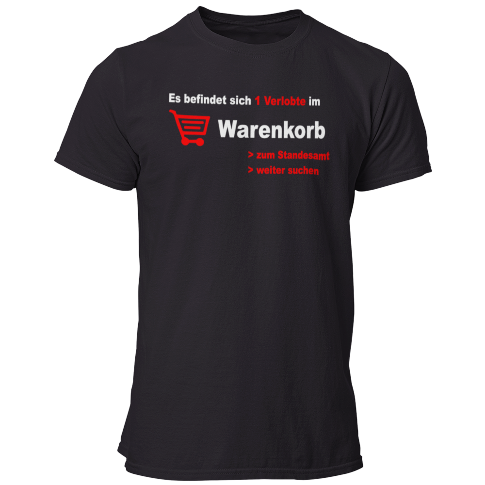 JGA-T-Shirt „Verlobte im Warenkorb“ in blau und schwarz mit einem modernen, zweifarbigen Design. Ideal für Junggesellenabschiede und auch für die Braut erhältlich. Das Design spielt humorvoll auf die Online-Partnersuche an und stammt von einem Paar, das sich online kennengelernt hat.