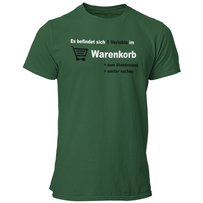 JGA-T-Shirt „Verlobte im Warenkorb“ in blau und schwarz mit einem modernen, zweifarbigen Design. Ideal für Junggesellenabschiede und auch für die Braut erhältlich. Das Design spielt humorvoll auf die Online-Partnersuche an und stammt von einem Paar, das sich online kennengelernt hat.