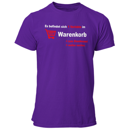 JGA-T-Shirt „Verlobte im Warenkorb“ in blau und schwarz mit einem modernen, zweifarbigen Design. Ideal für Junggesellenabschiede und auch für die Braut erhältlich. Das Design spielt humorvoll auf die Online-Partnersuche an und stammt von einem Paar, das sich online kennengelernt hat.