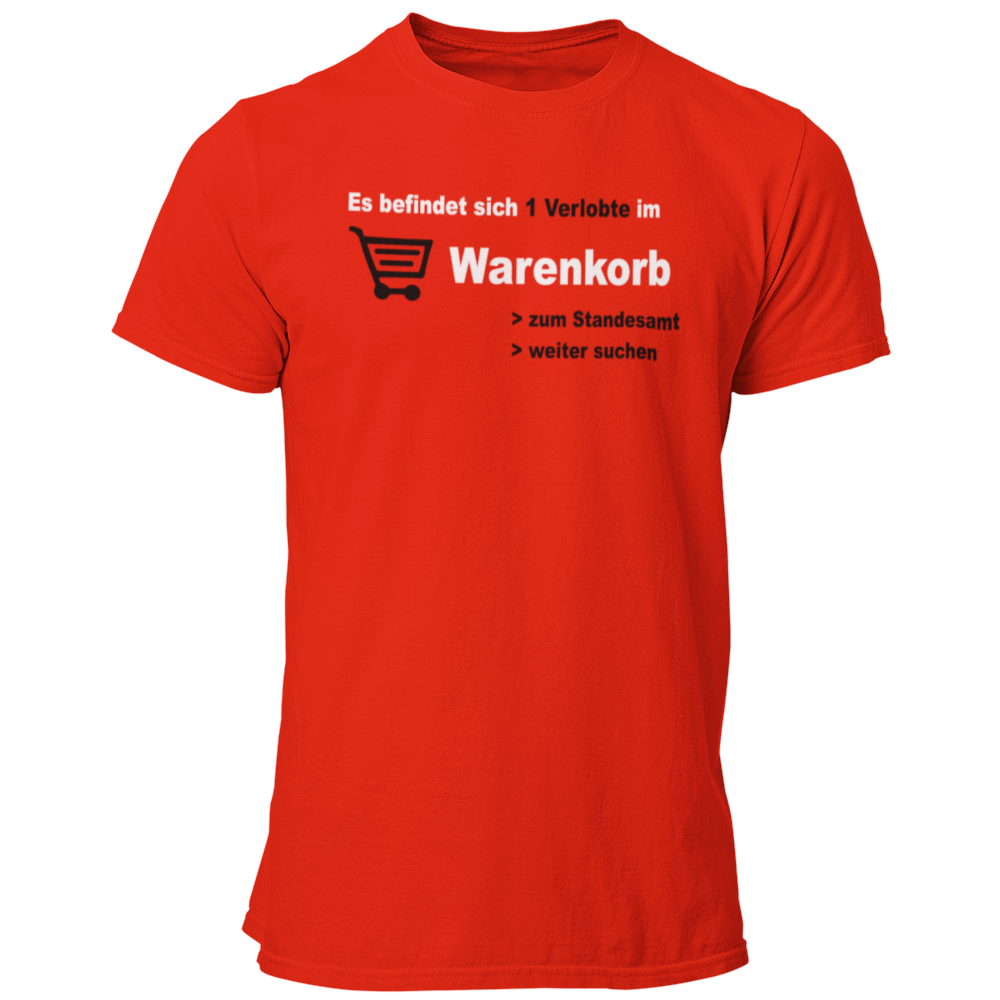 JGA-T-Shirt „Verlobte im Warenkorb“ in blau und schwarz mit einem modernen, zweifarbigen Design. Ideal für Junggesellenabschiede und auch für die Braut erhältlich. Das Design spielt humorvoll auf die Online-Partnersuche an und stammt von einem Paar, das sich online kennengelernt hat.